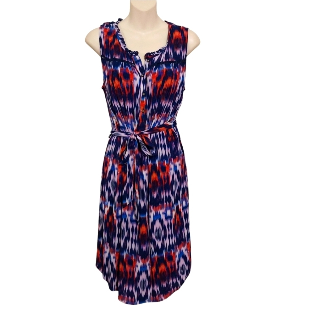 Liz Claiborne Blue and Red Printed Sleeveless Midi Dress